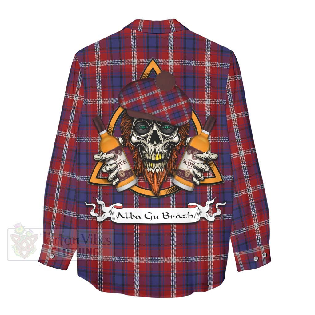 Tartan Vibes Clothing Ainslie Tartan Women's Casual Shirt with Family Crest and Bearded Skull Holding Bottles of Whiskey