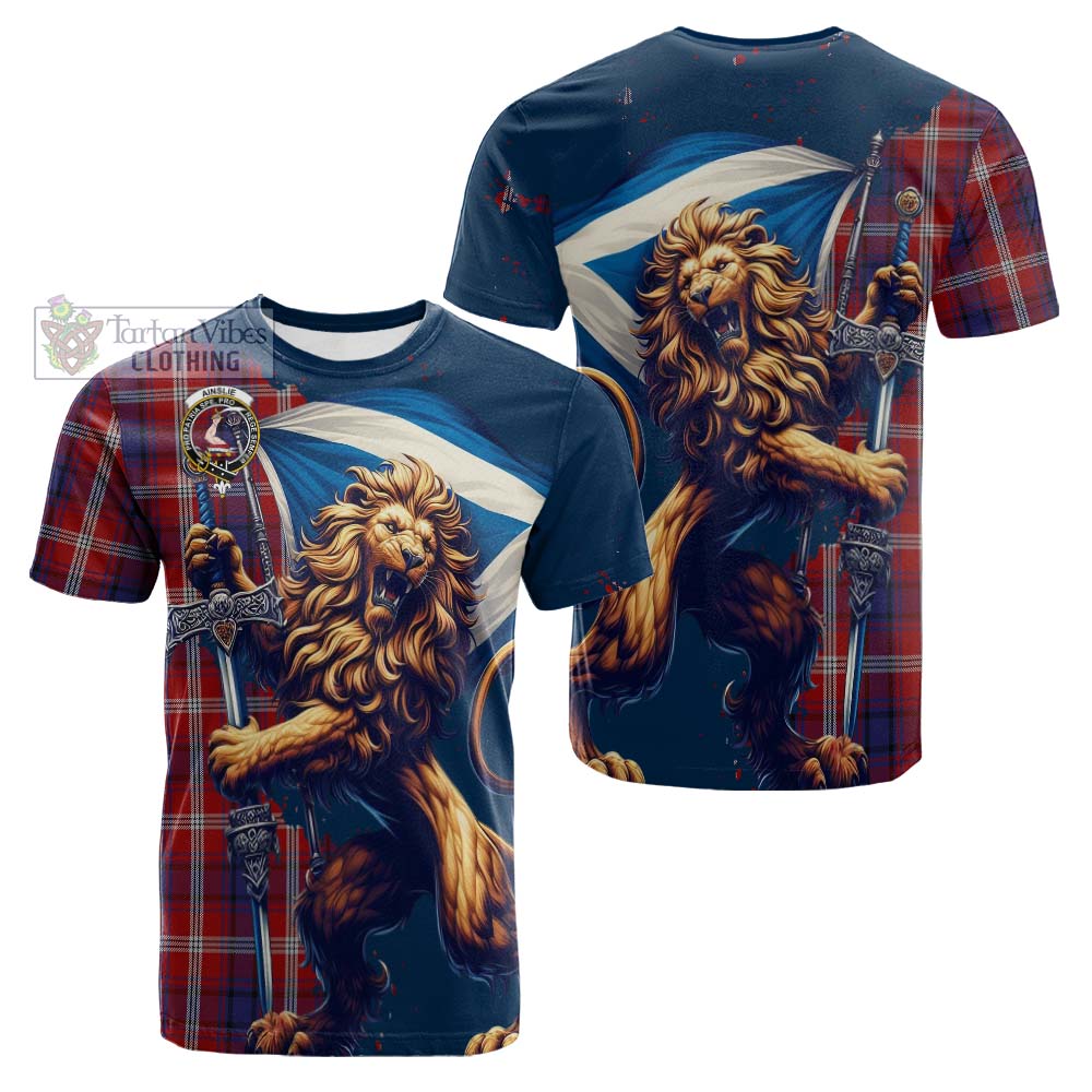 Tartan Vibes Clothing Ainslie Tartan Family Crest Cotton T-shirt with Scottish Majestic Lion