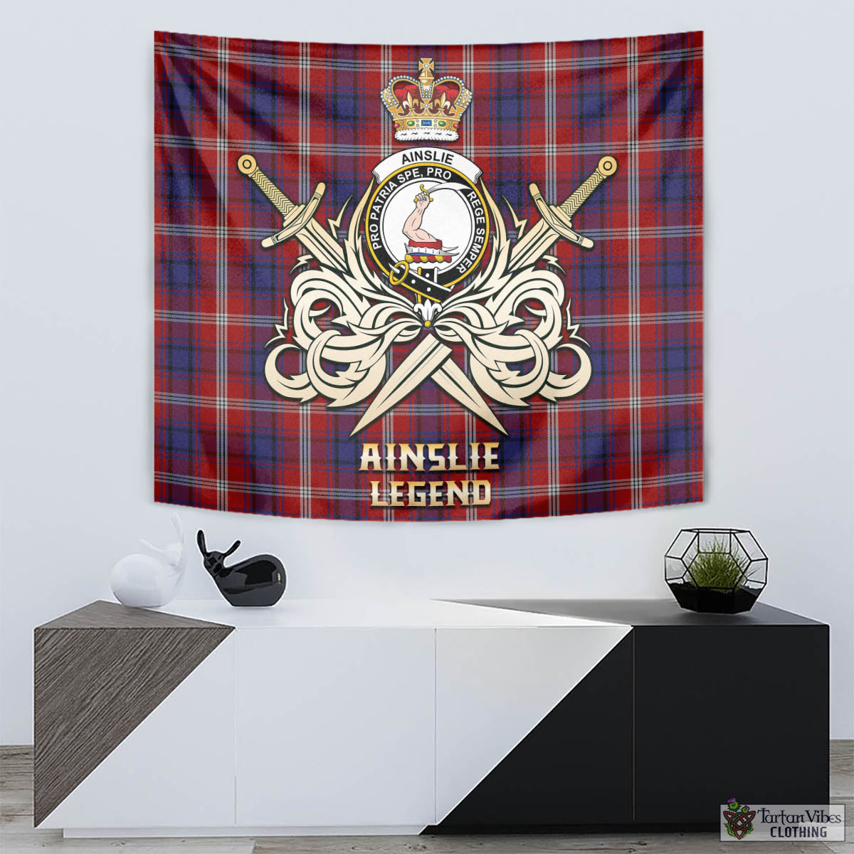 Tartan Vibes Clothing Ainslie Tartan Tapestry with Clan Crest and the Golden Sword of Courageous Legacy