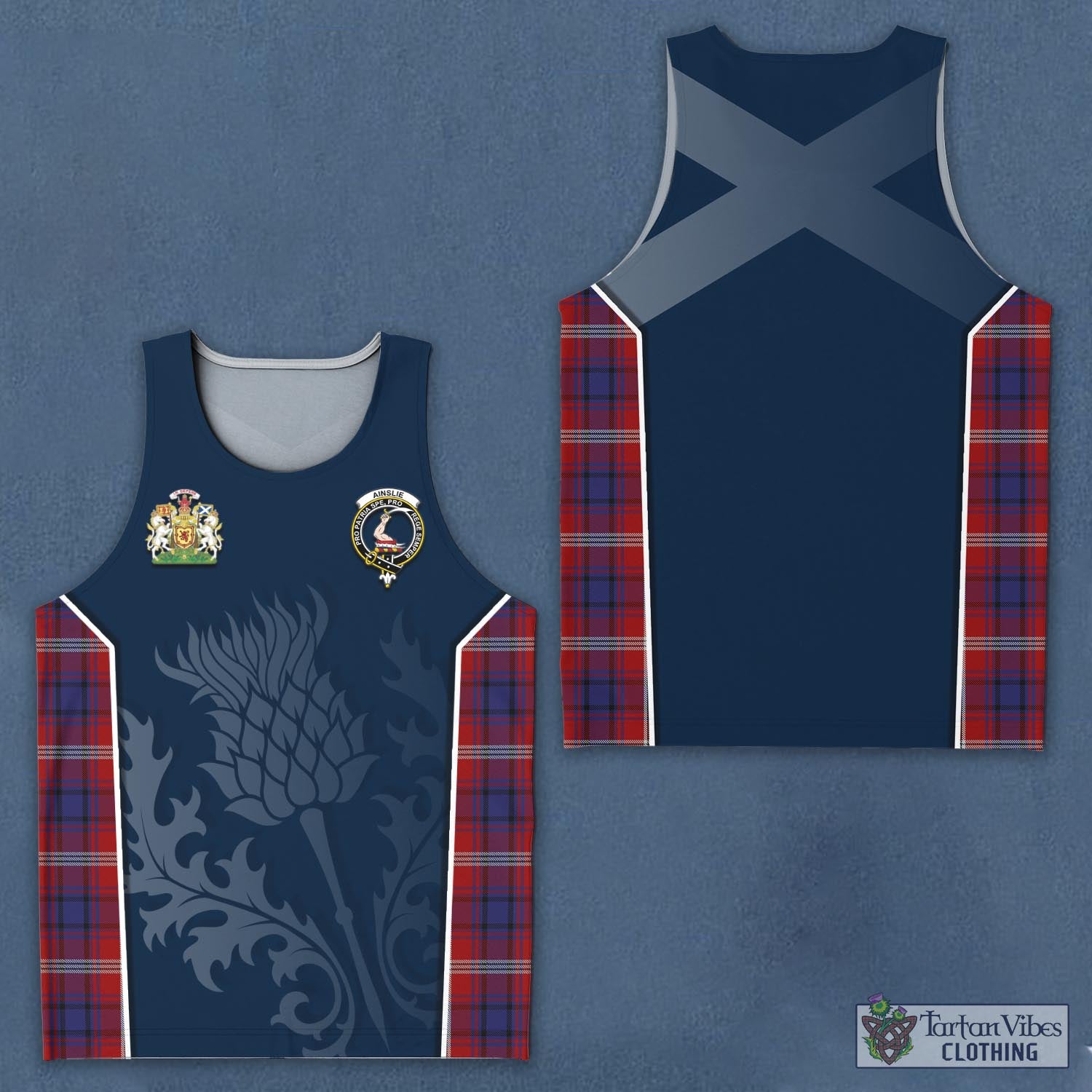 Tartan Vibes Clothing Ainslie Tartan Men's Tanks Top with Family Crest and Scottish Thistle Vibes Sport Style