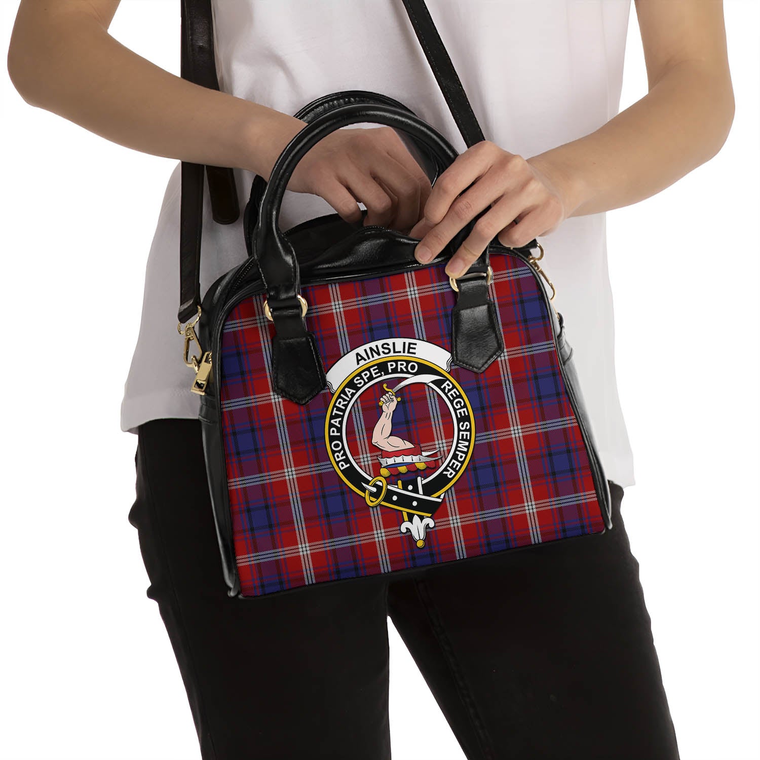 Ainslie Tartan Shoulder Handbags with Family Crest - Tartanvibesclothing