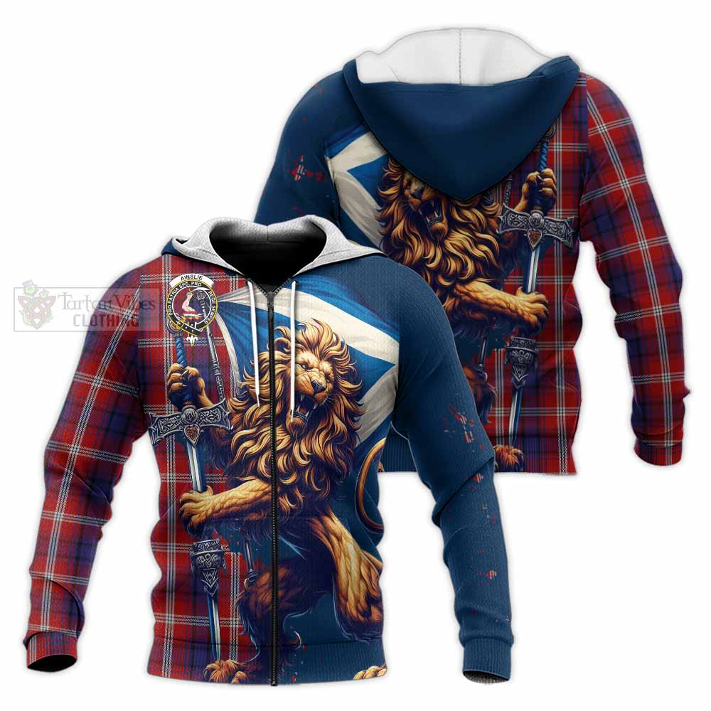 Tartan Vibes Clothing Ainslie Tartan Family Crest Knitted Hoodie with Scottish Majestic Lion