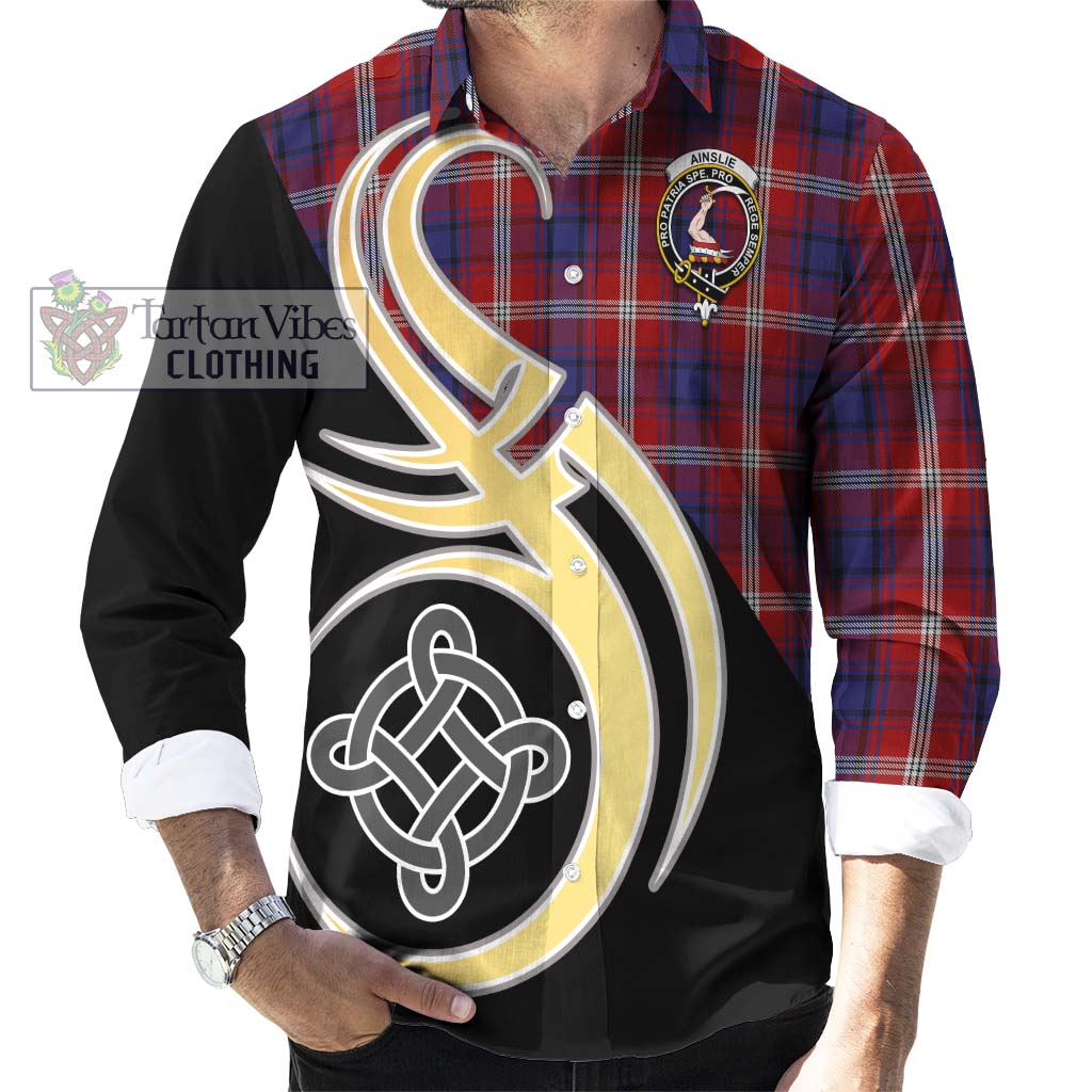 Ainslie Tartan Long Sleeve Button Shirt with Family Crest and Celtic Symbol Style - Tartan Vibes Clothing