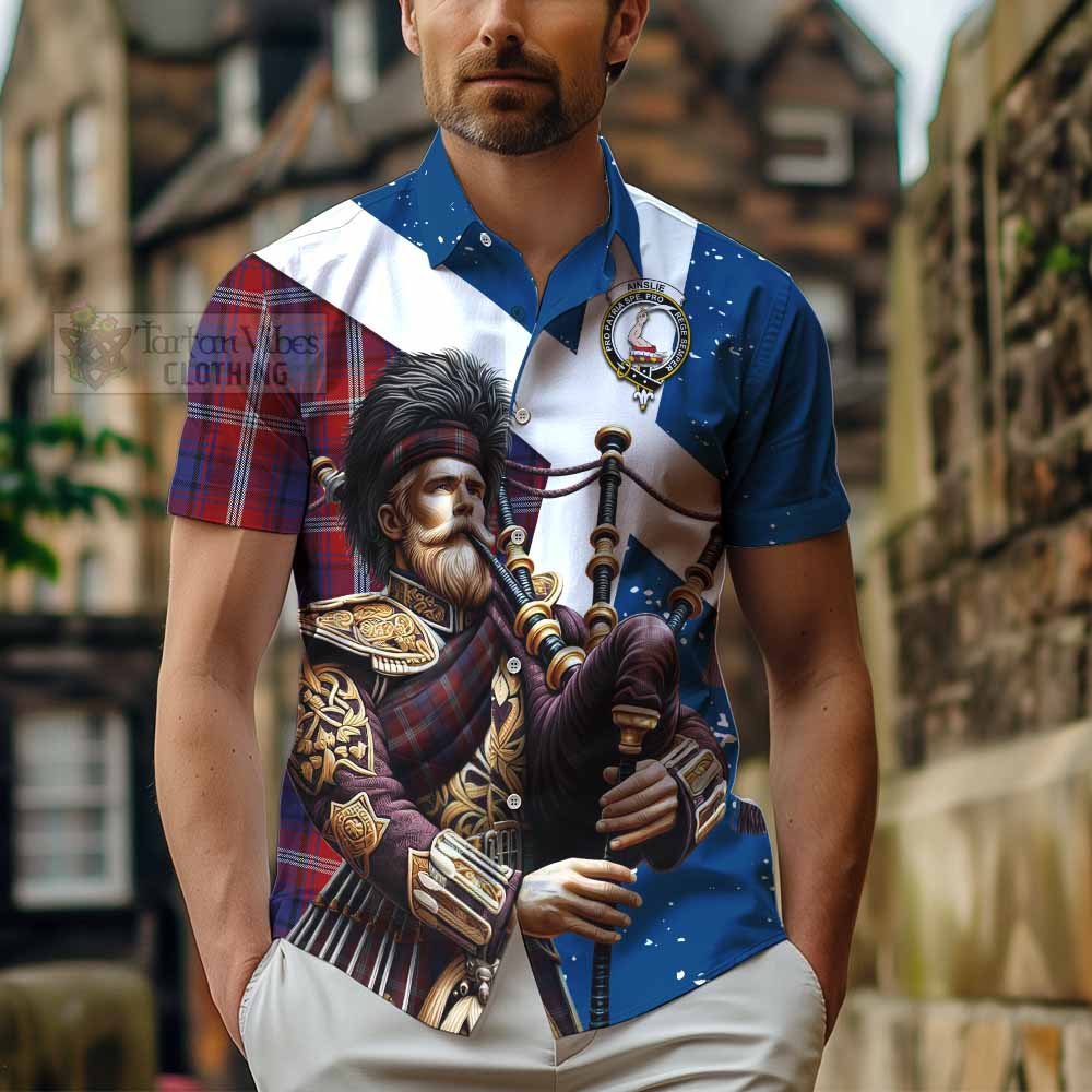 Tartan Vibes Clothing Ainslie Tartan Short Sleeve Button Shirt with Family Crest Scottish Bagpiper Vibes