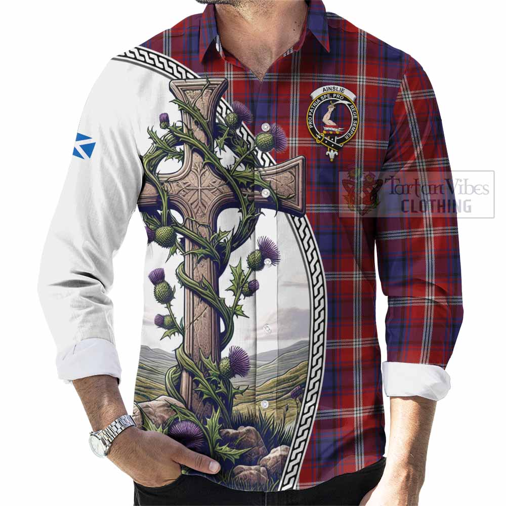 Tartan Vibes Clothing Ainslie Tartan Long Sleeve Button Shirt with Family Crest and St. Andrew's Cross Accented by Thistle Vines