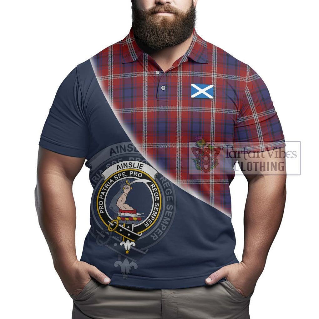 Ainslie Tartan Polo Shirt with Personalised National Flag and Family Crest Half Style - Tartanvibesclothing Shop