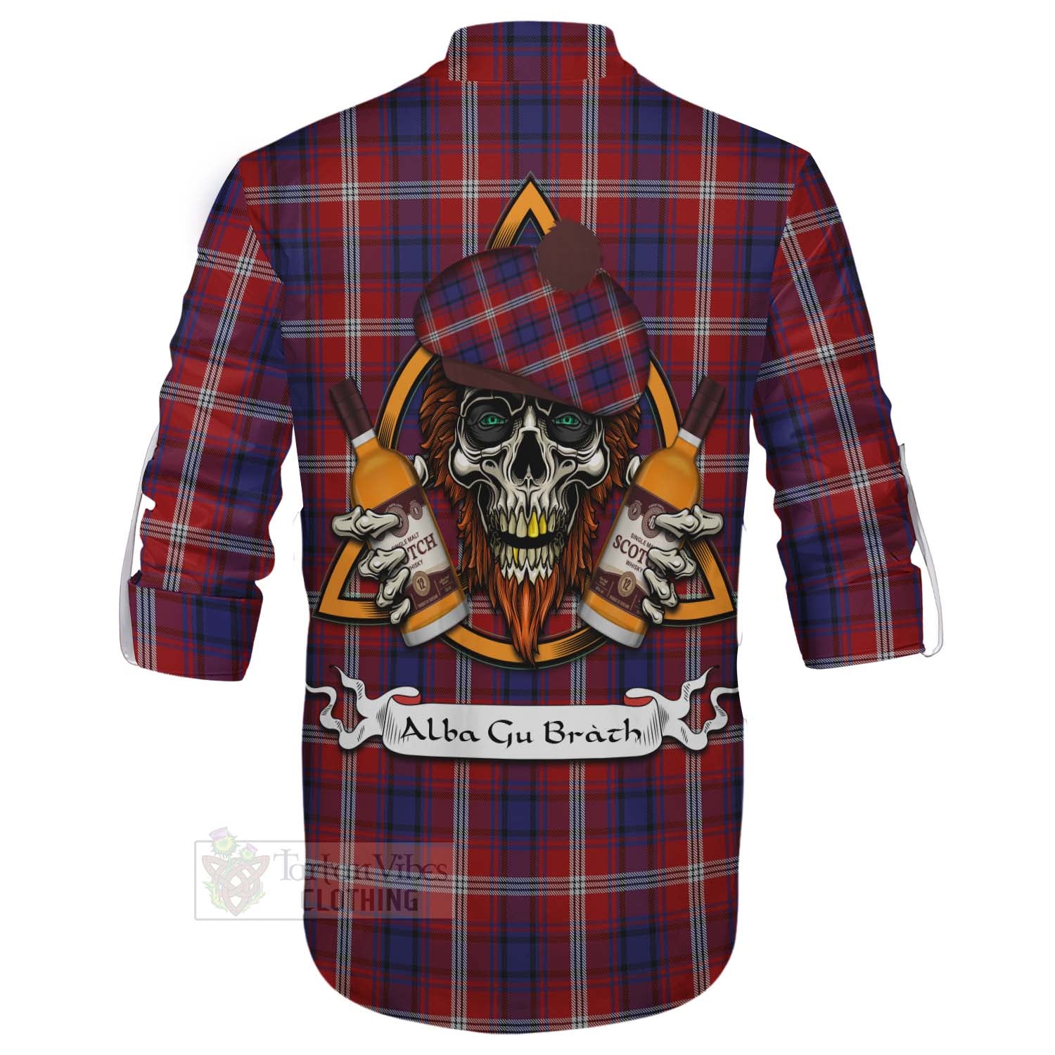 Tartan Vibes Clothing Ainslie Tartan Ghillie Kilt Shirt with Family Crest and Bearded Skull Holding Bottles of Whiskey