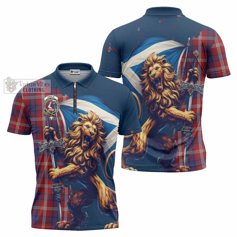 Tartan Vibes Clothing Ainslie Tartan Family Crest Zipper Polo Shirt with Scottish Majestic Lion