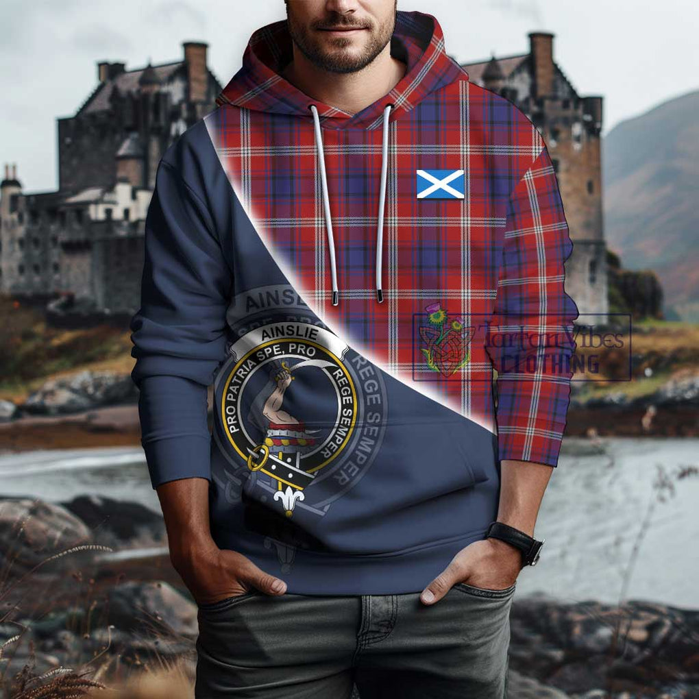 Ainslie Tartan Hoodie with Personalised National Flag and Family Crest Half Style - Tartanvibesclothing Shop