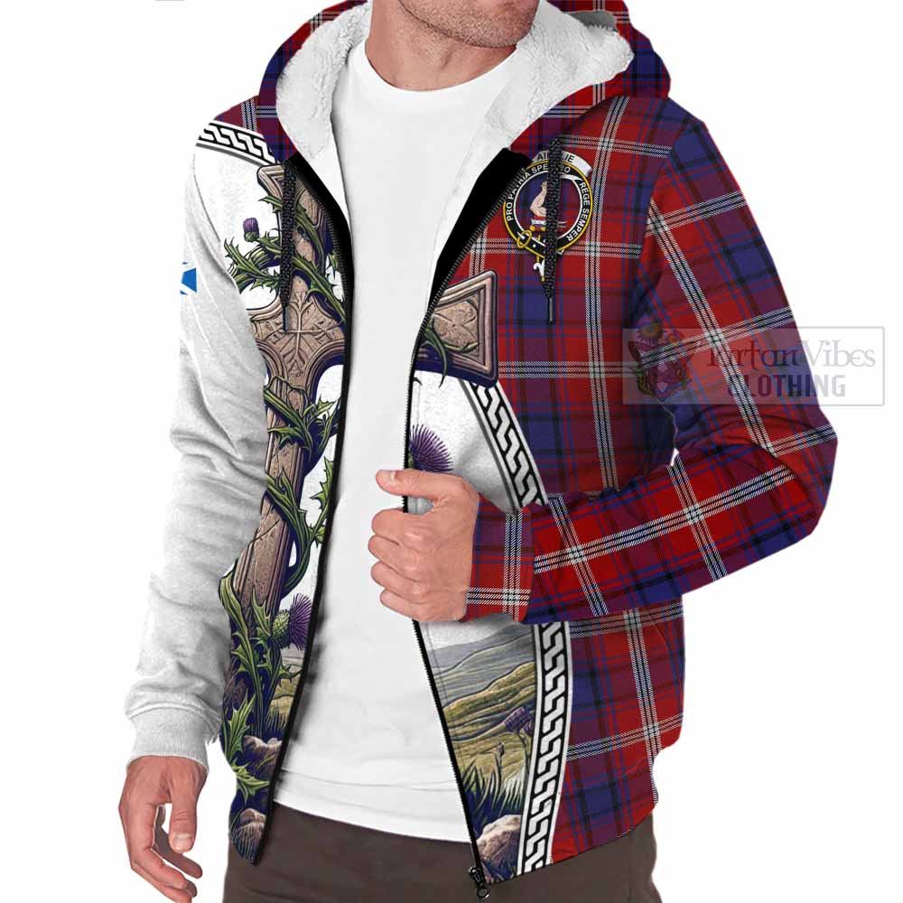 Tartan Vibes Clothing Ainslie Tartan Sherpa Hoodie with Family Crest and St. Andrew's Cross Accented by Thistle Vines