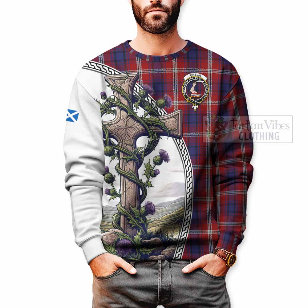 Tartan Vibes Clothing Ainslie Tartan Sweatshirt with Family Crest and St. Andrew's Cross Accented by Thistle Vines