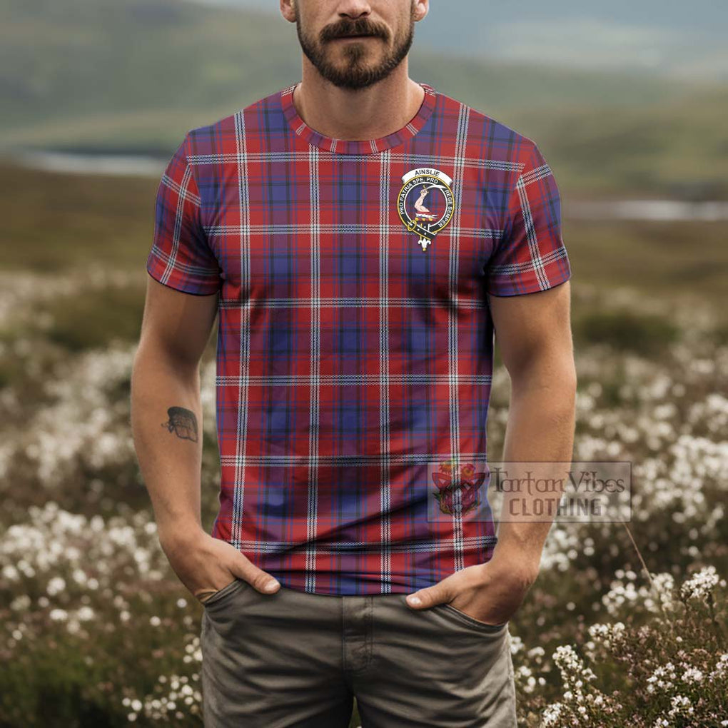 Tartan Vibes Clothing Ainslie Tartan T-Shirt with Family Crest and Bearded Skull Holding Bottles of Whiskey