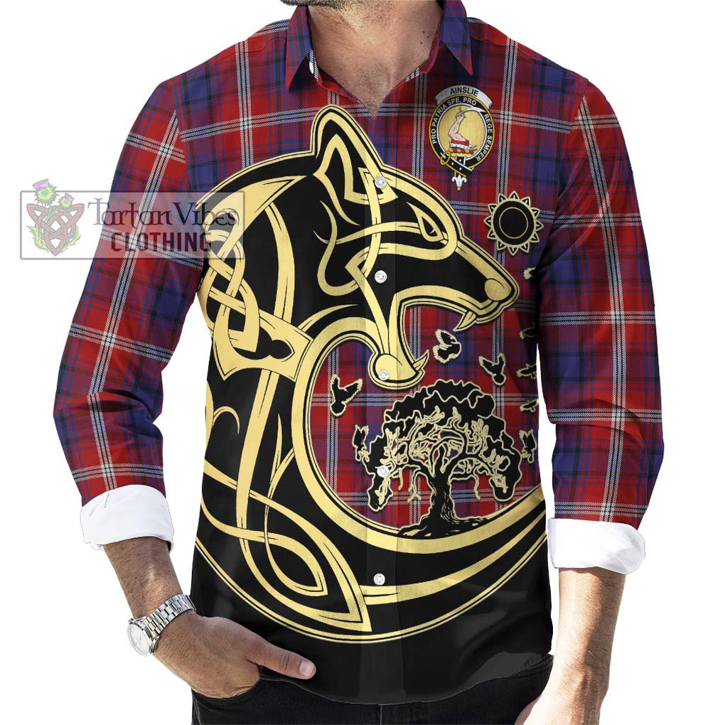 Ainslie Tartan Long Sleeve Button Shirt with Family Crest Celtic Wolf Style - Tartan Vibes Clothing