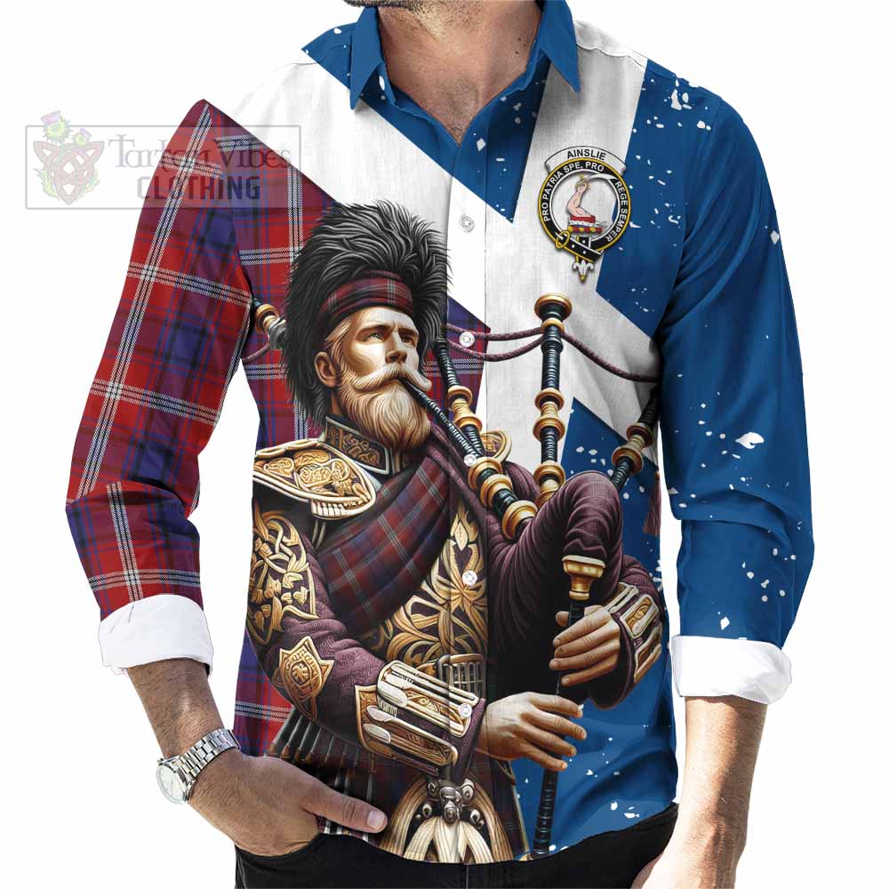 Tartan Vibes Clothing Ainslie Tartan Long Sleeve Button Shirt with Family Crest Scottish Bagpiper Vibes