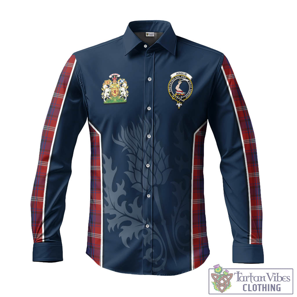 Tartan Vibes Clothing Ainslie Tartan Long Sleeve Button Up Shirt with Family Crest and Scottish Thistle Vibes Sport Style