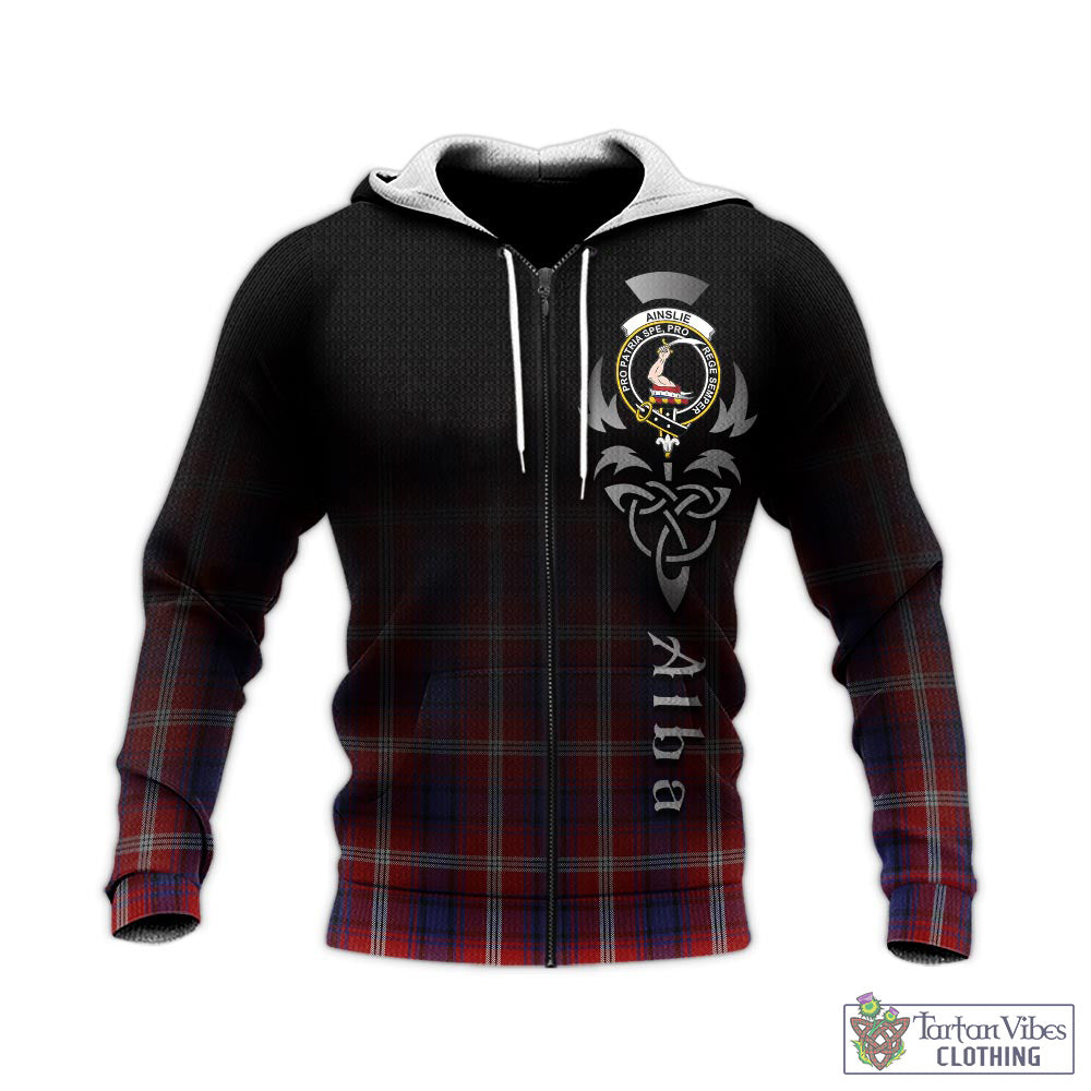 Tartan Vibes Clothing Ainslie Tartan Knitted Hoodie Featuring Alba Gu Brath Family Crest Celtic Inspired