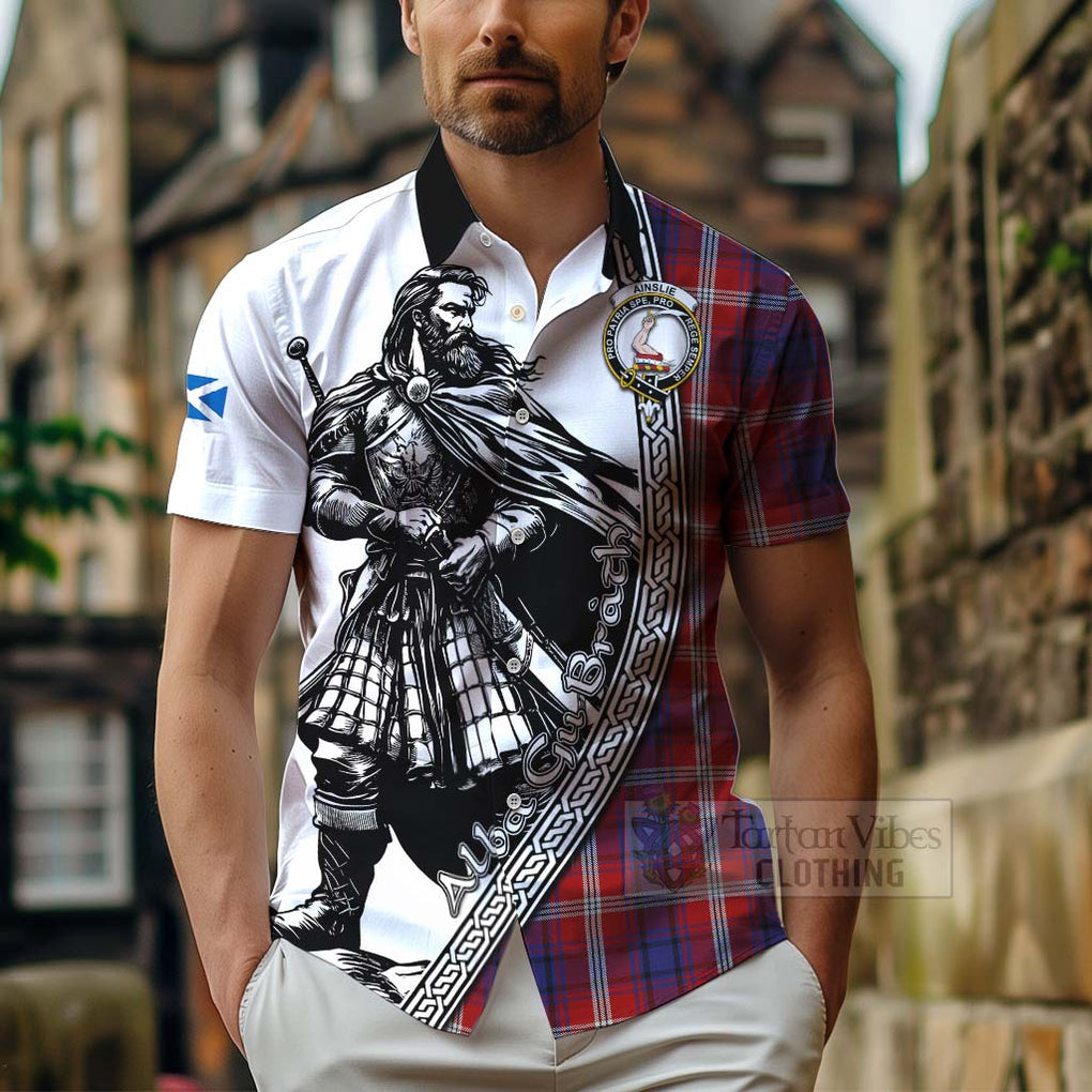 Tartan Vibes Clothing Ainslie Tartan Clan Crest Short Sleeve Button Shirt with Highlander Warrior Celtic Style