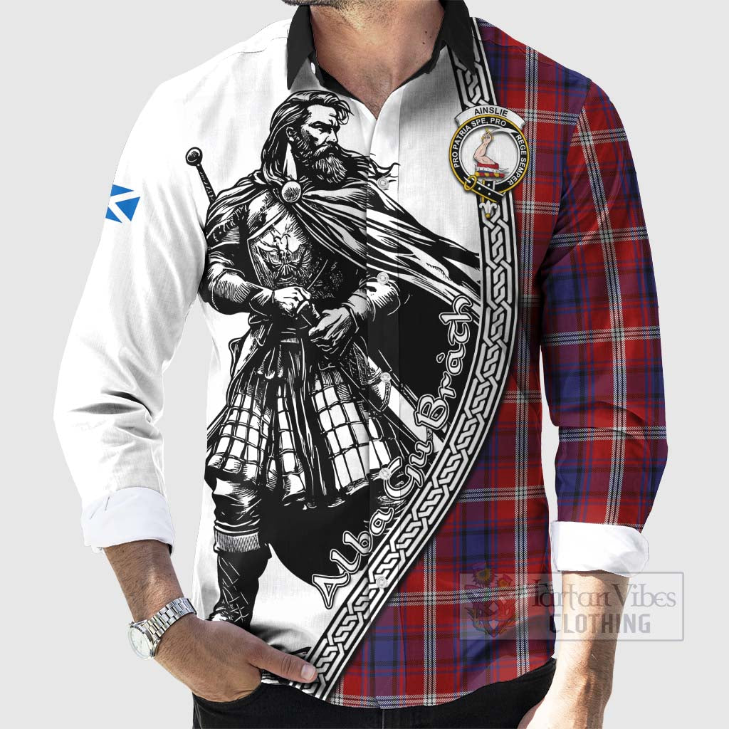 Tartan Vibes Clothing Ainslie Tartan Clan Crest Long Sleeve Button Shirt with Highlander Warrior Celtic Style