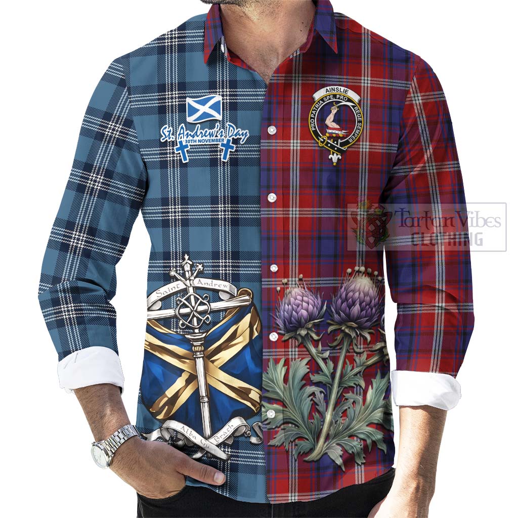 Tartan Vibes Clothing Ainslie Tartan Long Sleeve Button Shirt Happy St. Andrew's Day Half Tartan Style