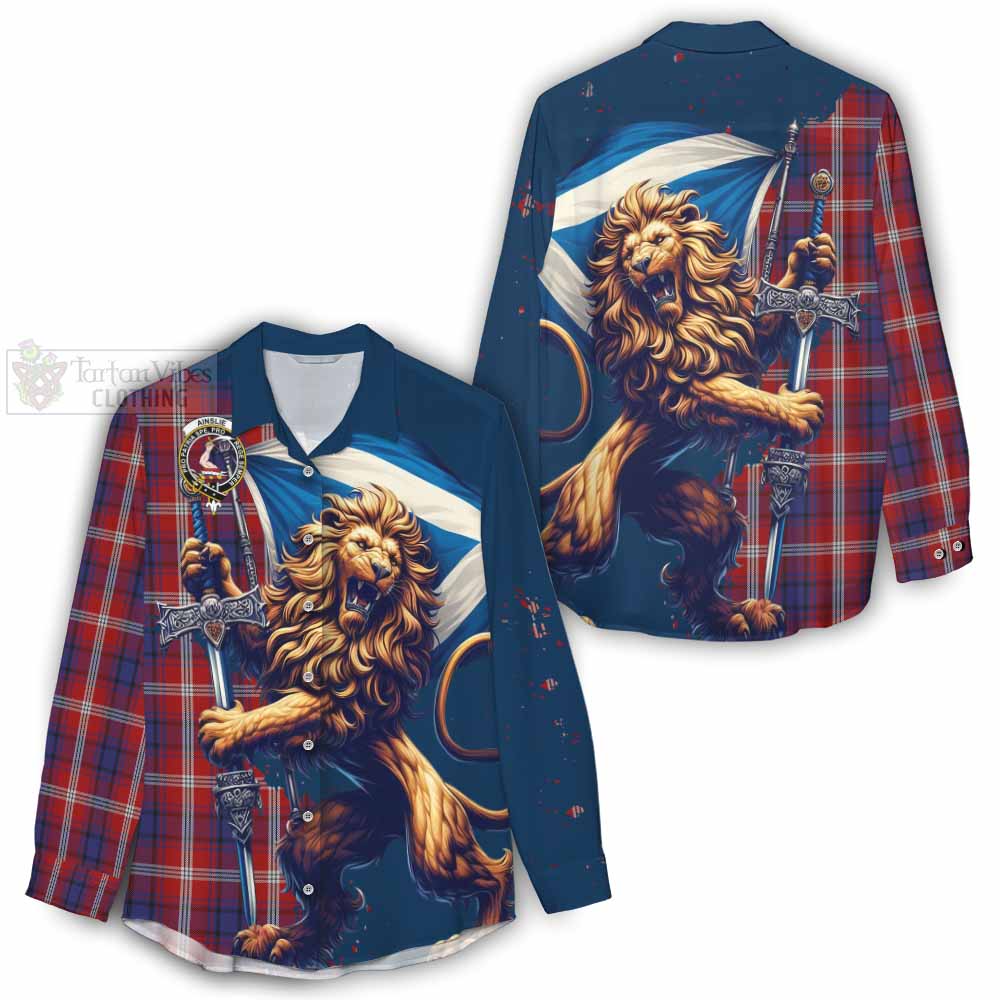 Tartan Vibes Clothing Ainslie Tartan Family Crest Women's Casual Shirt with Scottish Majestic Lion