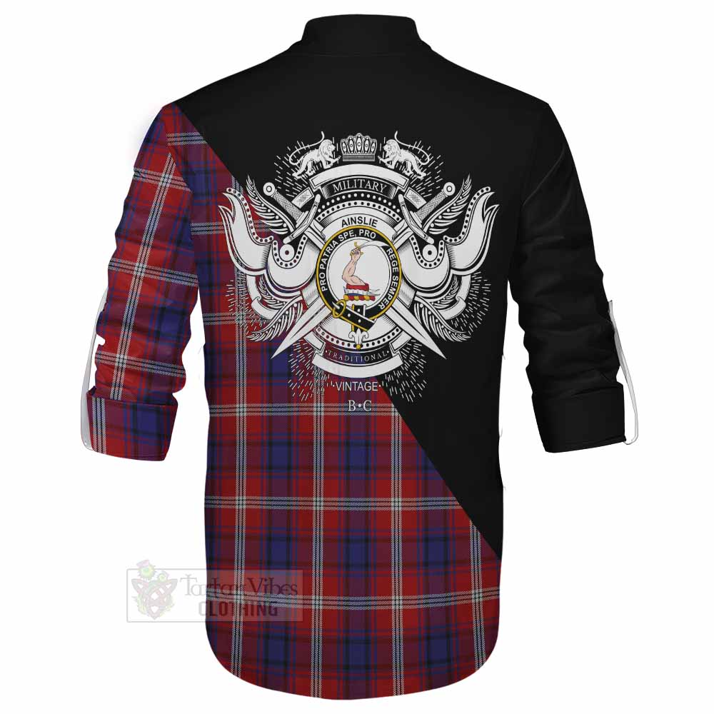 Tartan Vibes Clothing Ainslie Tartan Ghillie Kilt Shirt with Family Crest and Military Logo Style