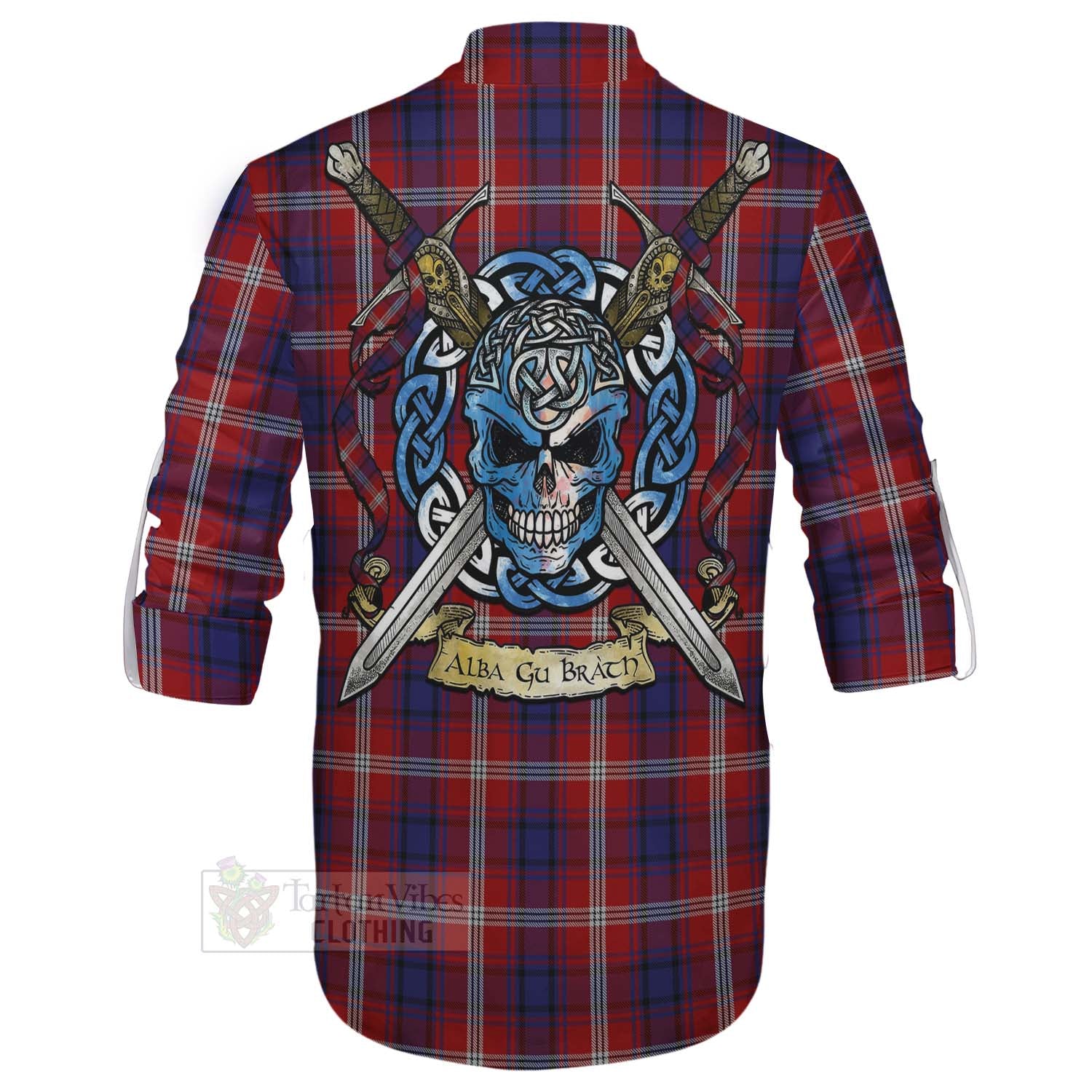 Tartan Vibes Clothing Ainslie Tartan Ghillie Kilt Shirt with Family Crest Celtic Skull Style