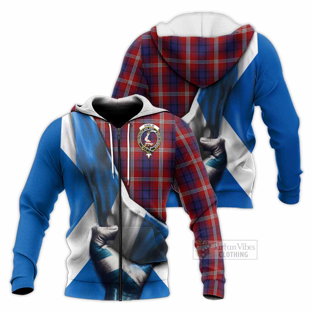 Tartan Vibes Clothing Ainslie Tartan Knitted Hoodie with Family Crest Scotland Patriotic Style