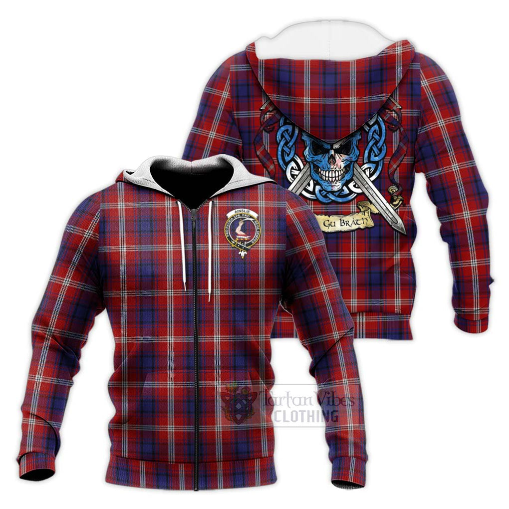 Tartan Vibes Clothing Ainslie Tartan Knitted Hoodie with Family Crest Celtic Skull Style