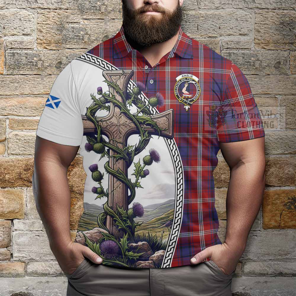 Tartan Vibes Clothing Ainslie Tartan Polo Shirt with Family Crest and St. Andrew's Cross Accented by Thistle Vines