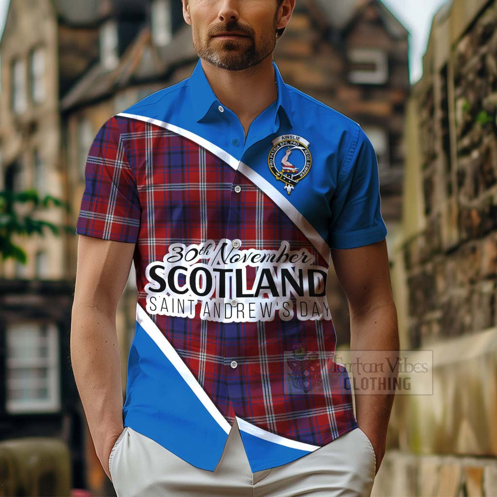 Tartan Vibes Clothing Ainslie Family Crest Tartan Short Sleeve Button Shirt Celebrate Saint Andrew's Day in Style