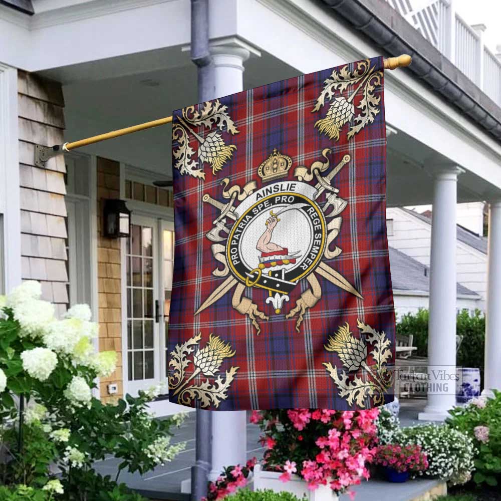 Tartan Vibes Clothing Ainslie Tartan Flag with Family Crest and Golden Thistle Crossed Sword Design