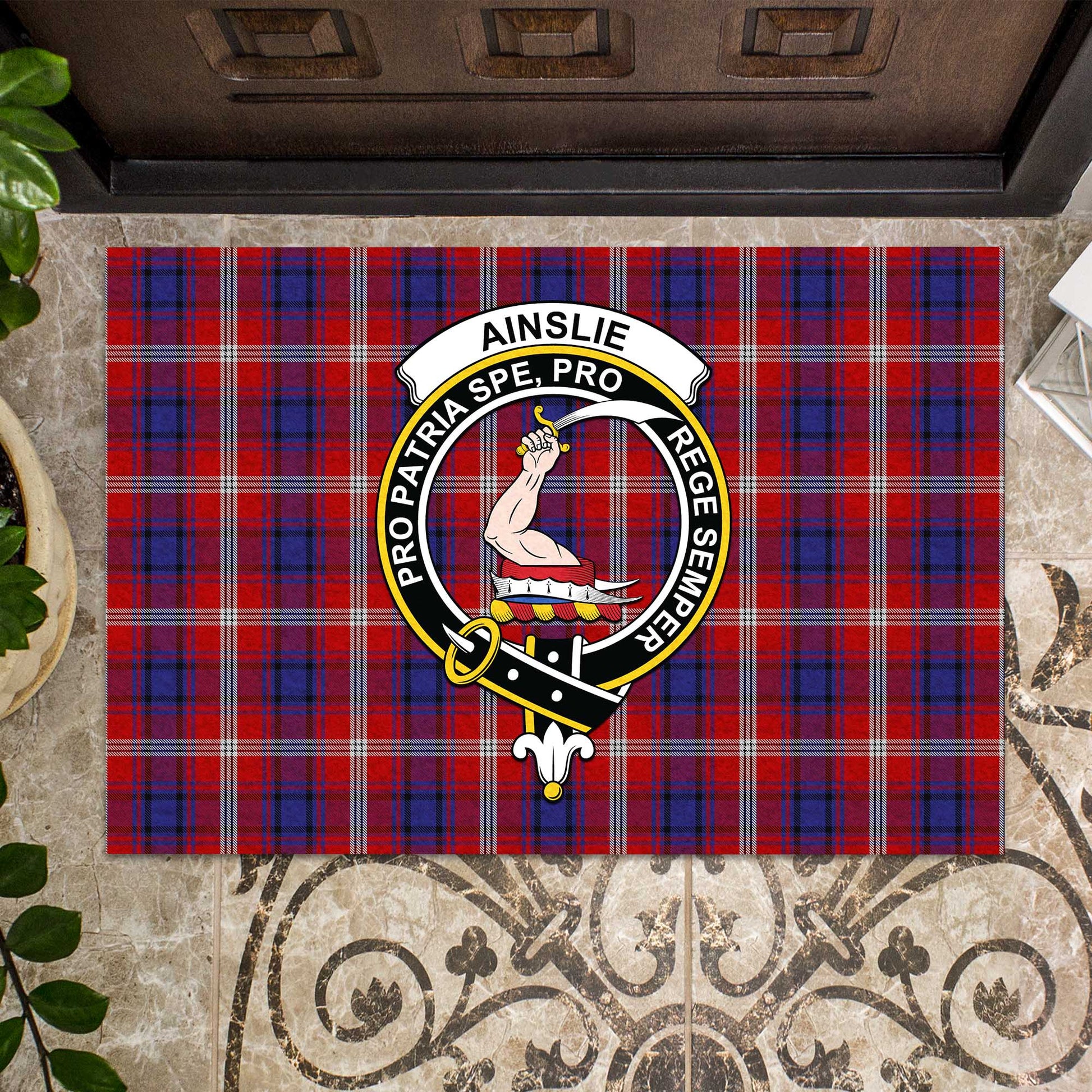 Ainslie Tartan Door Mat with Family Crest - Tartanvibesclothing