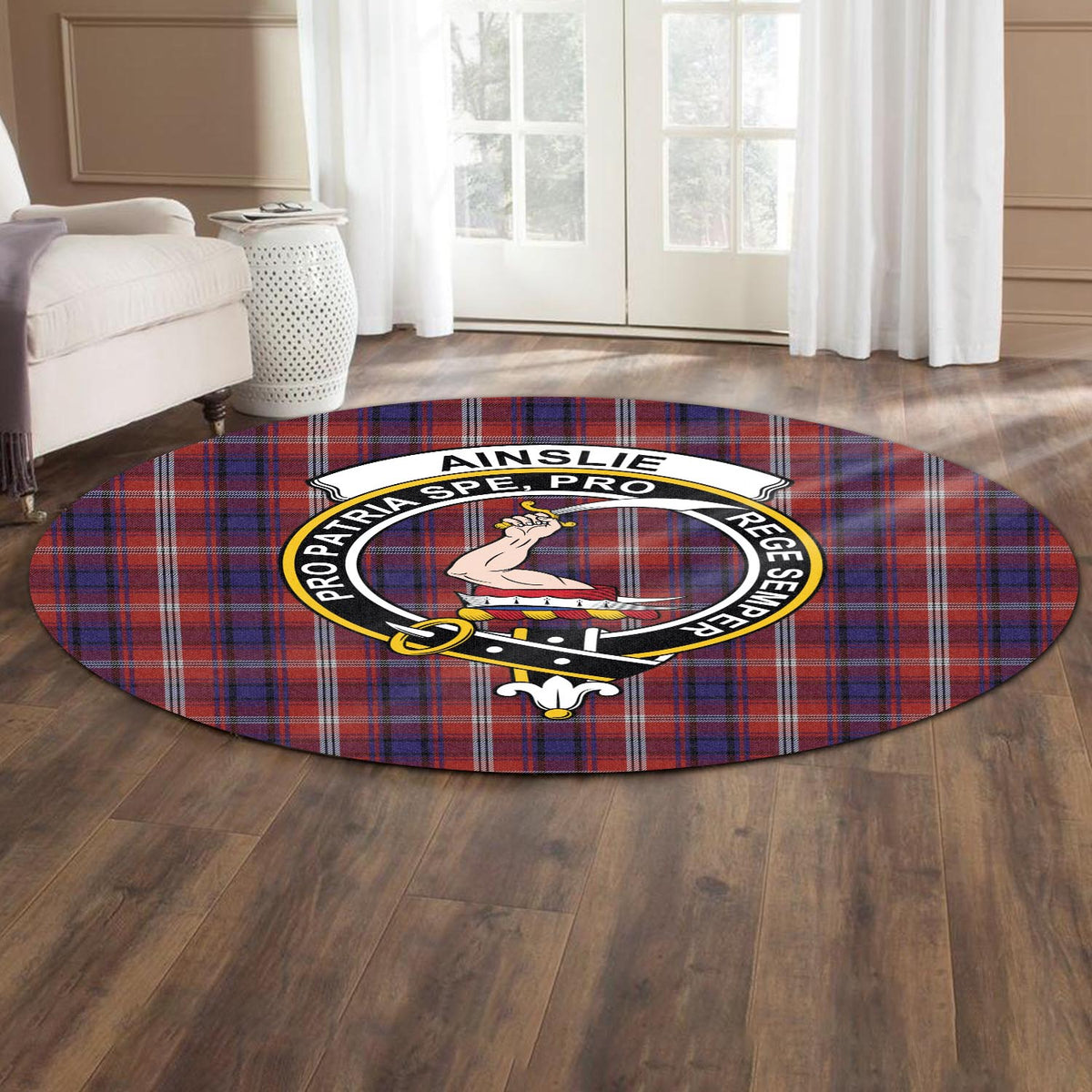 Ainslie Tartan Round Rug with Family Crest - Tartan Vibes Clothing