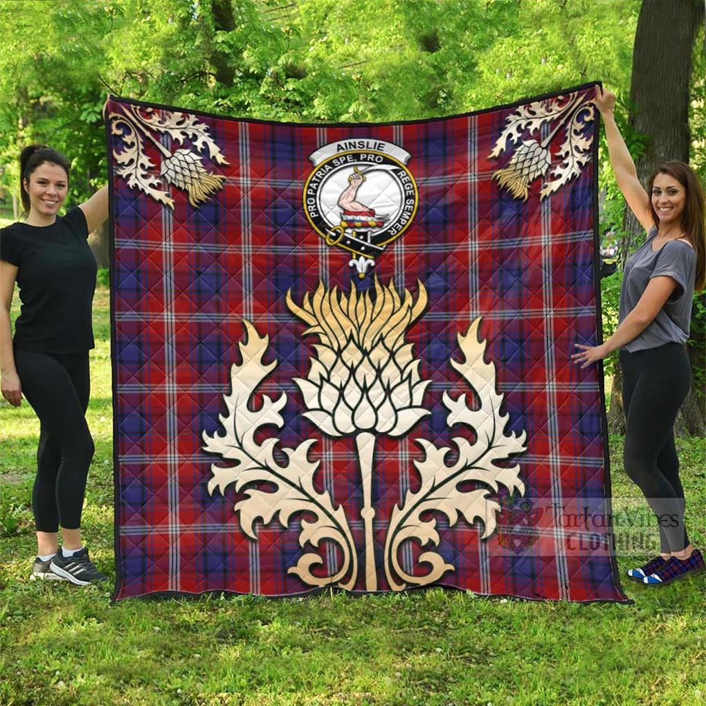 Tartan Vibes Clothing Ainslie Tartan Quilt with Family Crest and Golden Thistle Style