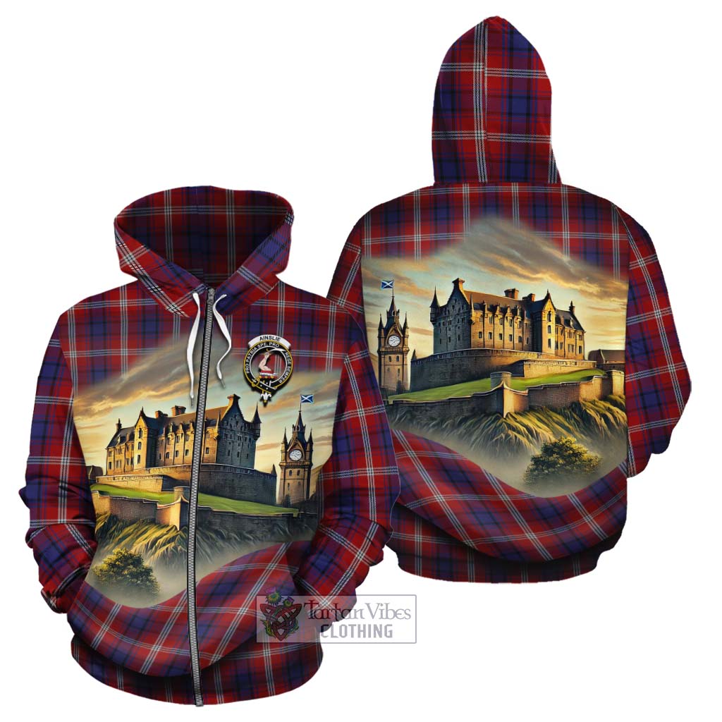 Ainslie Tartan Family Crest Cotton Hoodie with Scottish Ancient Castle Style Zip Hoodie - Tartan Vibes Clothing
