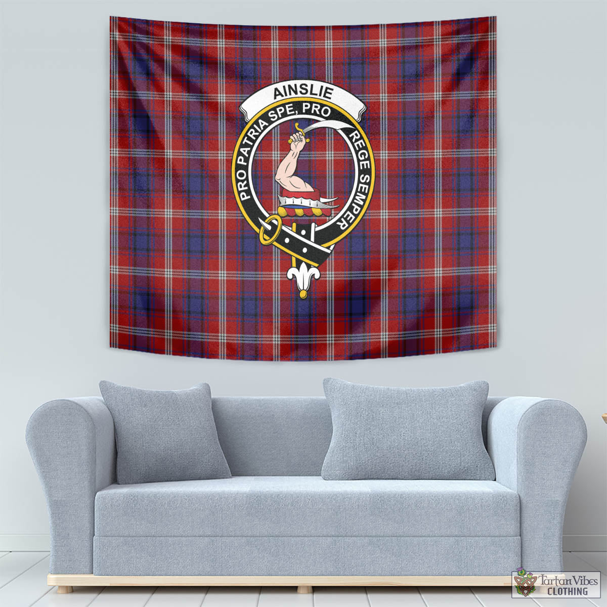 Tartan Vibes Clothing Ainslie Tartan Tapestry Wall Hanging and Home Decor for Room with Family Crest