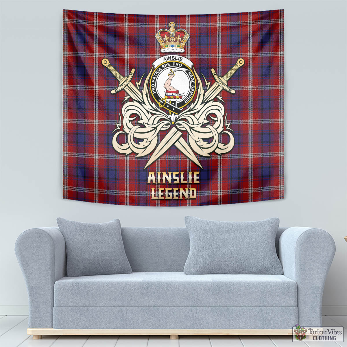 Tartan Vibes Clothing Ainslie Tartan Tapestry with Clan Crest and the Golden Sword of Courageous Legacy