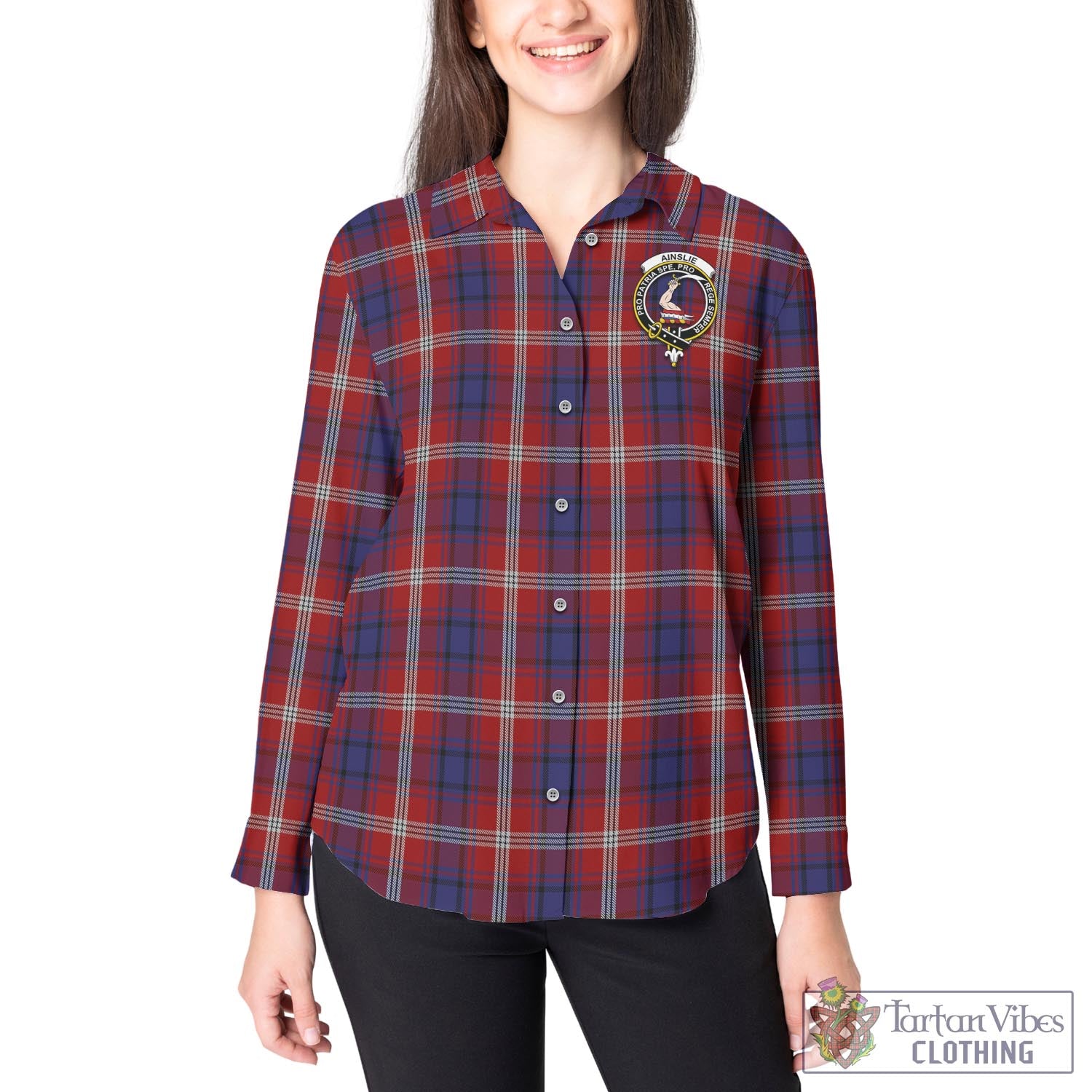 Tartan Vibes Clothing Ainslie Tartan Womens Casual Shirt with Family Crest