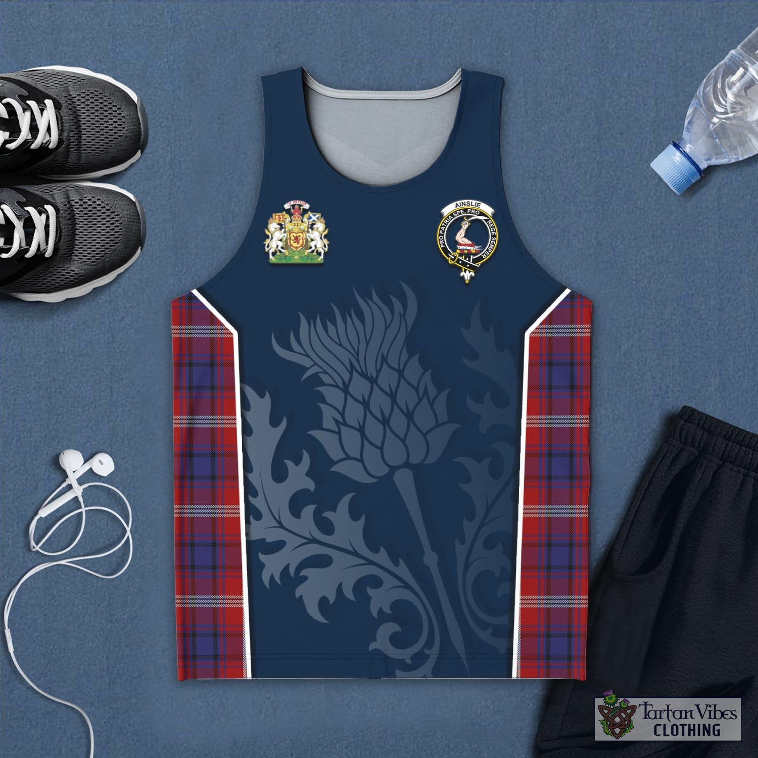 Tartan Vibes Clothing Ainslie Tartan Men's Tanks Top with Family Crest and Scottish Thistle Vibes Sport Style