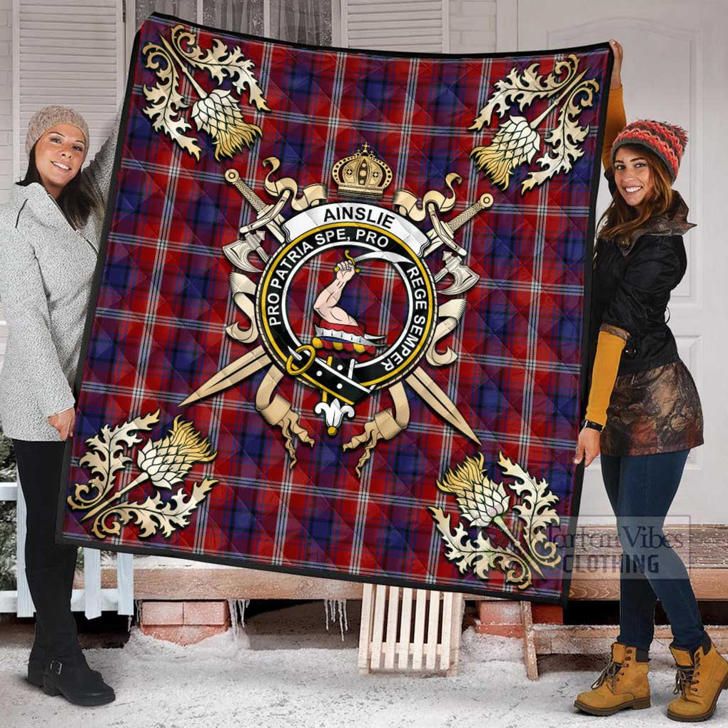 Tartan Vibes Clothing Ainslie Tartan Quilt with Family Crest and Scottish Golden Courage Shield