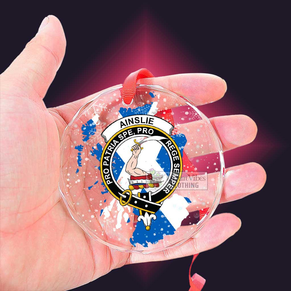 Tartan Vibes Clothing Ainslie Clan Crest Christmas Glass Ornament with Scotland Map