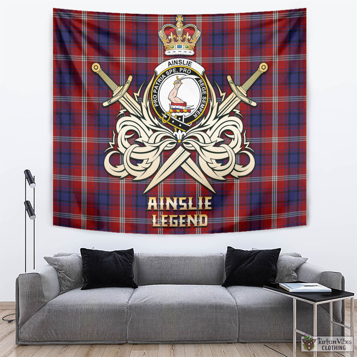 Tartan Vibes Clothing Ainslie Tartan Tapestry with Clan Crest and the Golden Sword of Courageous Legacy