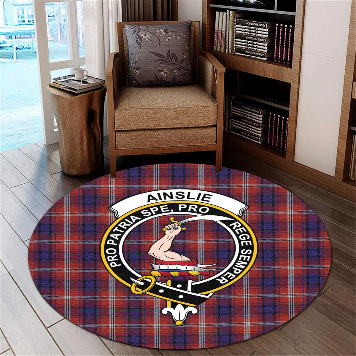 Ainslie Tartan Round Rug with Family Crest - Tartan Vibes Clothing