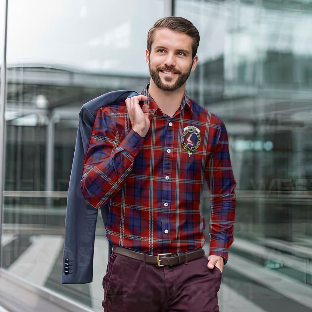 Ainslie Tartan Long Sleeve Button Up Shirt with Family Crest - Tartanvibesclothing