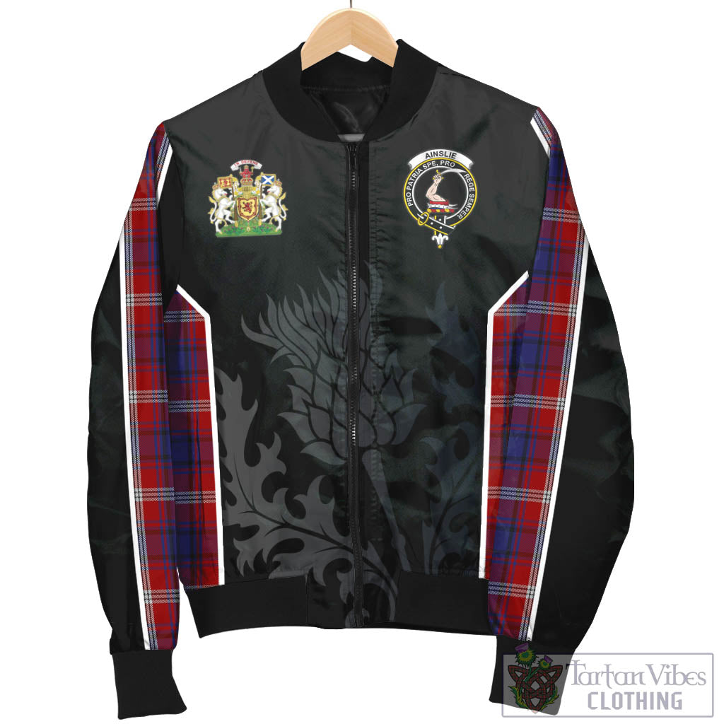 Tartan Vibes Clothing Ainslie Tartan Bomber Jacket with Family Crest and Scottish Thistle Vibes Sport Style