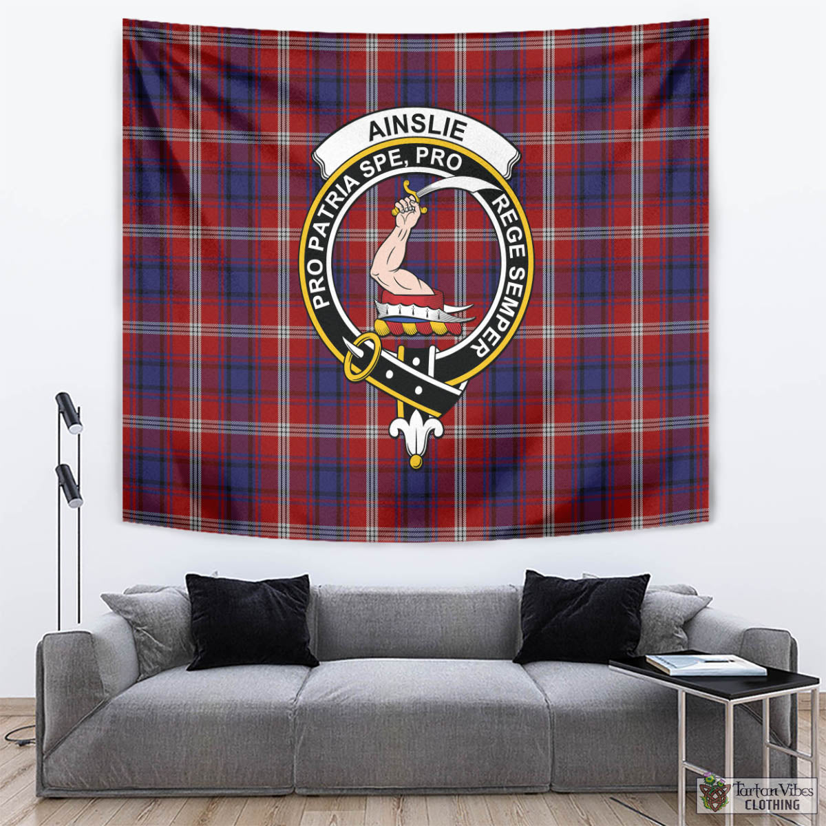 Tartan Vibes Clothing Ainslie Tartan Tapestry Wall Hanging and Home Decor for Room with Family Crest