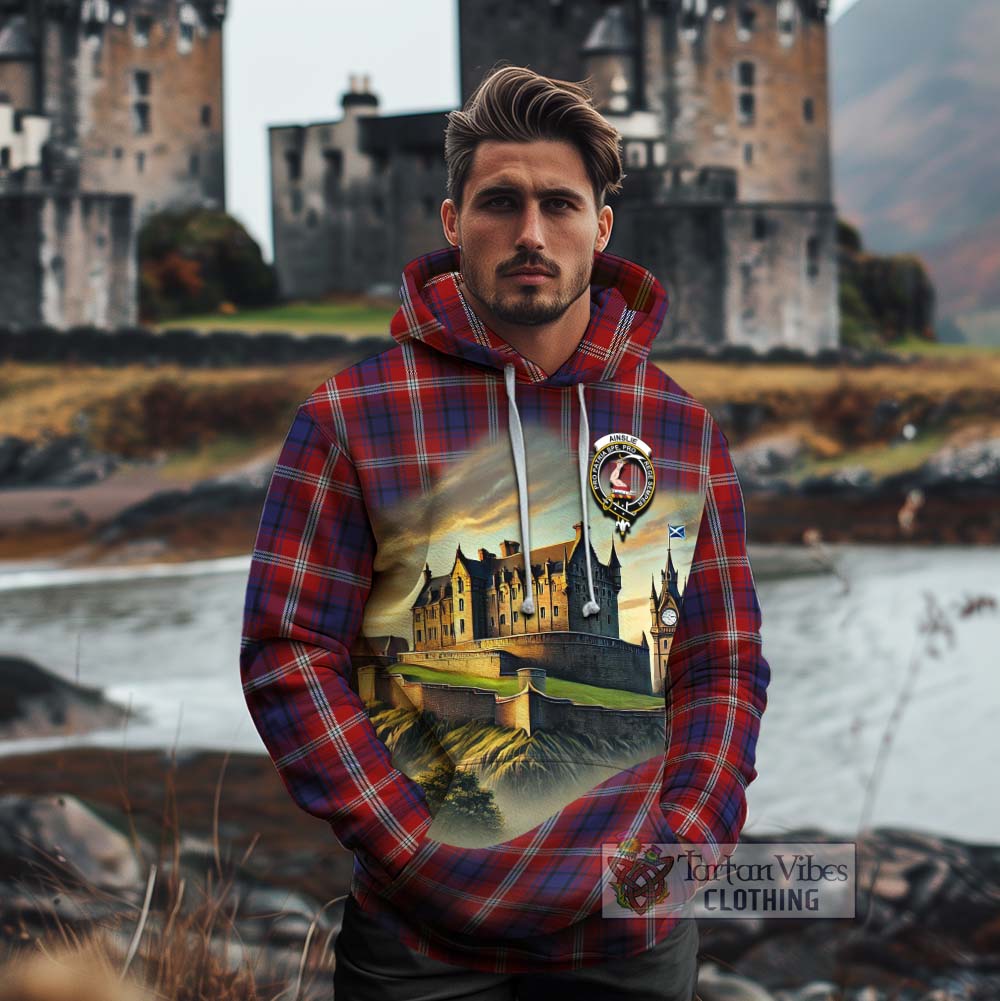 Ainslie Tartan Family Crest Cotton Hoodie with Scottish Ancient Castle Style - Tartan Vibes Clothing