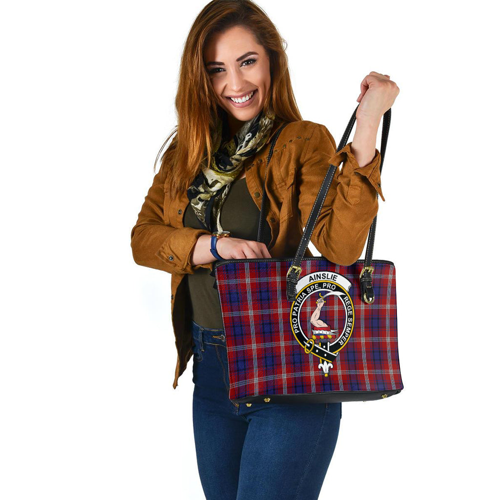 Ainslie Tartan Leather Tote Bag with Family Crest - Tartanvibesclothing