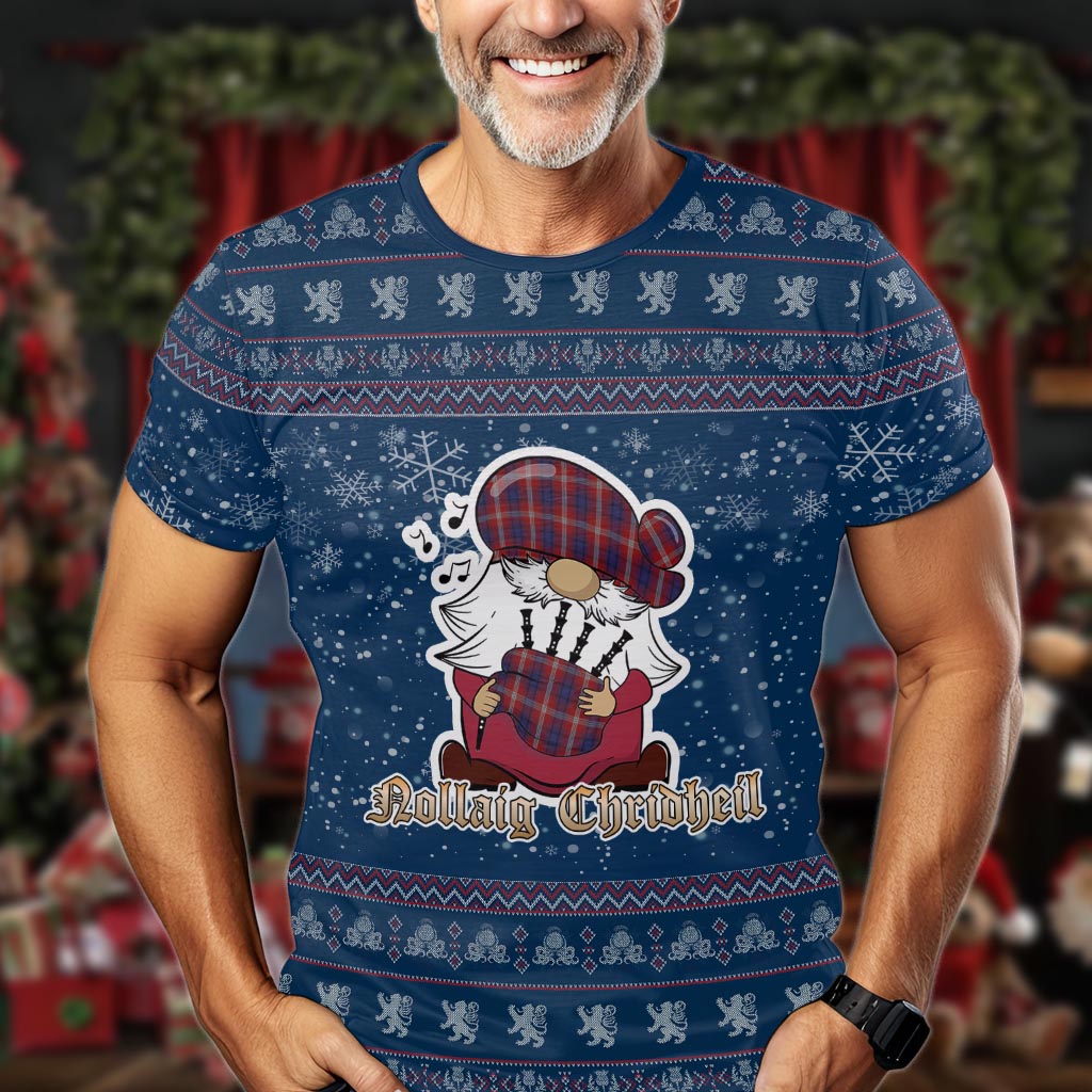 Ainslie Clan Christmas Family T-Shirt with Funny Gnome Playing Bagpipes Men's Shirt Blue - Tartanvibesclothing