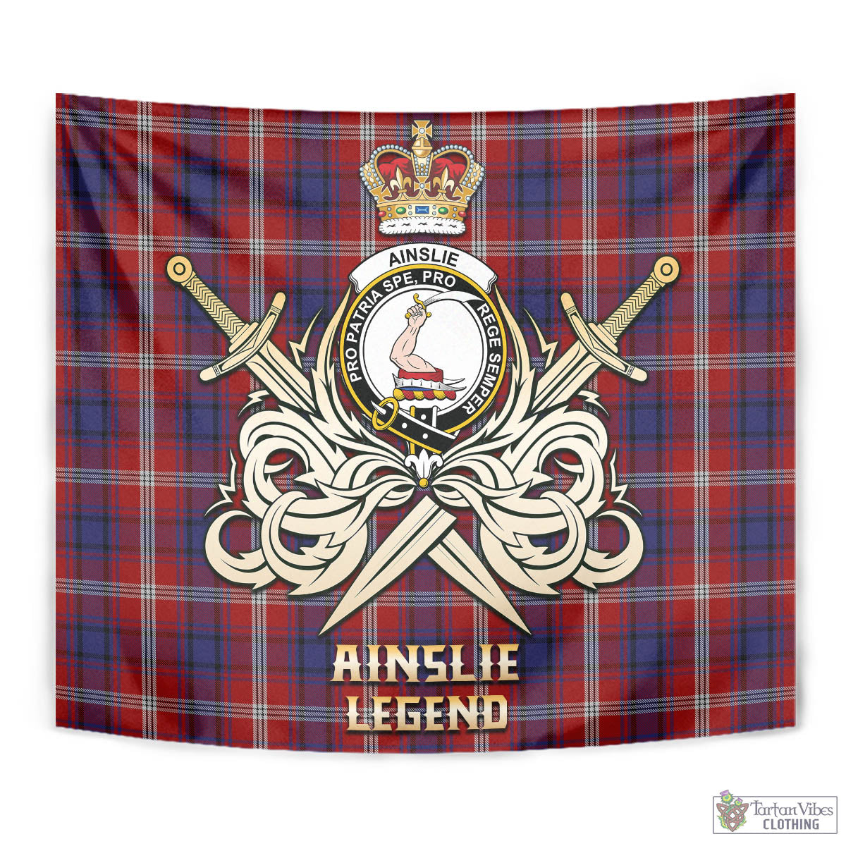 Tartan Vibes Clothing Ainslie Tartan Tapestry with Clan Crest and the Golden Sword of Courageous Legacy